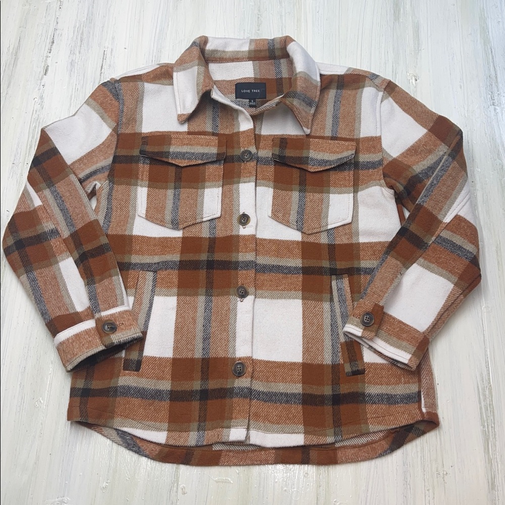 Love Tree Plaid Brown and White Button Up Shacket Sz S - Picture 3 of 12